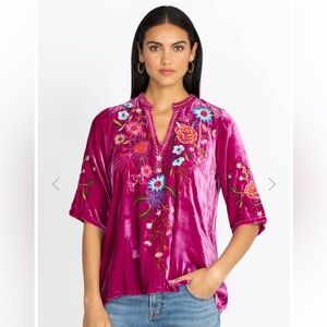 Johnny Was Ulla Velvet Easy V-Neck Top Embroidered Blouse - S